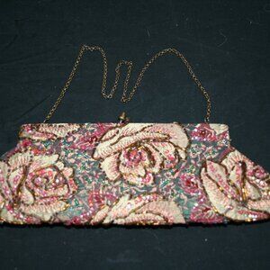 Green, embroidered and beaded floral clutch purse